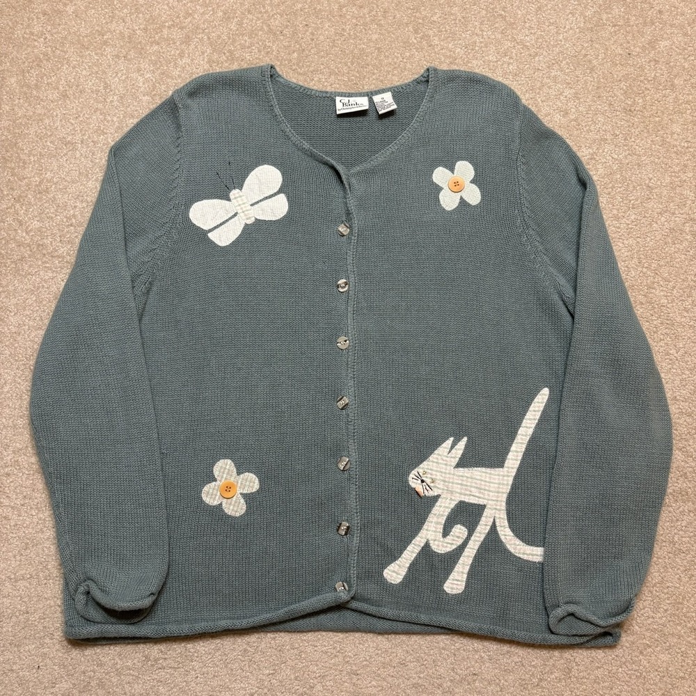 Vtg CJ Banks Cat Cardigan Sweater Womens 1X Blue Butterfly Kitty Novelty Knit